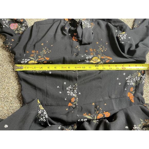 Loft Black Multicolored Floral Long Sleeve Bow Tie Neck Chiffon Dress Size 6 - Picture 8 of 8